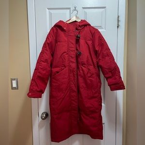 Women's Long Puffer Jacket, RED/Natural, Small